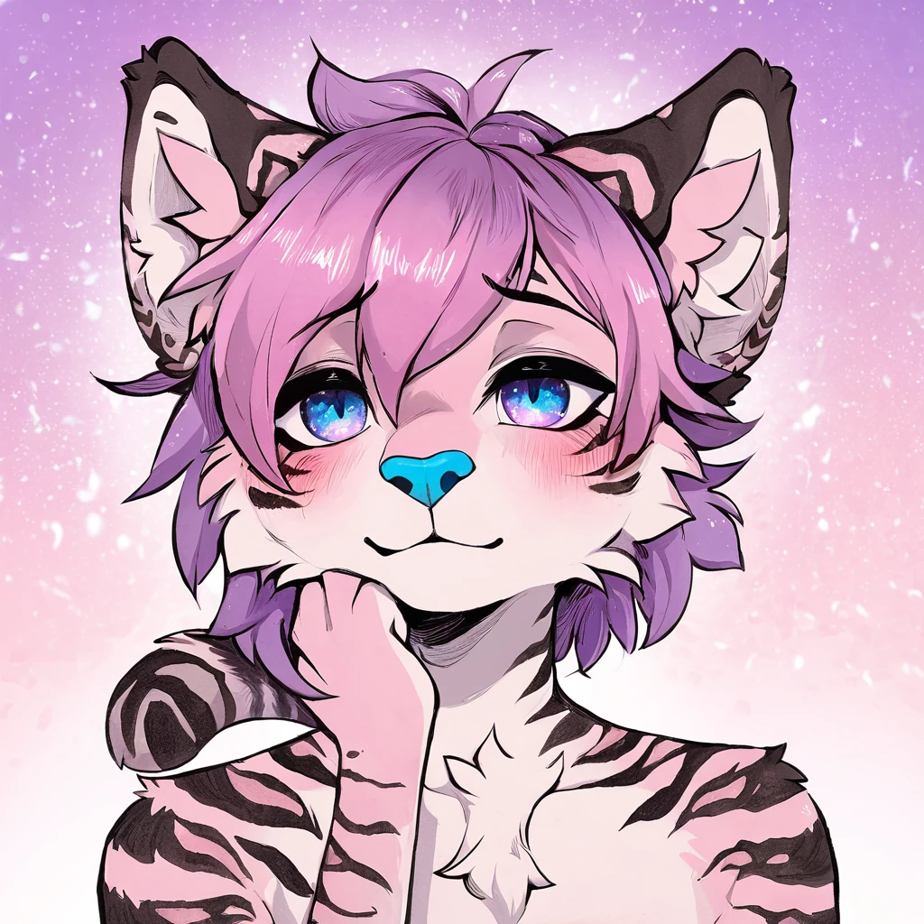 Single, solo, adult, feline, mammal, anthro, anthropomorphic, snow_leopard, cat, striped_feline, fur, furred_anthro, fluffy_tail, femboy, male, bangs, ear_tufts, blue_nose, hair_tuft, hair_between_eyes, fluffy, feline_ears, expressive_eyes, purple_hair, gradient_galaxy, pinkish_purple_galaxy_background, light, looking_at_viewer, pink_hair, pink_fur, shy, small_pupils, spotted_pattern, stripes, tail, tiger_stripes, traditional_art, hand-drawn, pencil_lines, ink_details, natural_imperfections, brush_strokes, textured_shading, detailed_line_work, high_resolution, background, head_visible, neck_visible, profile_picture, seductive_face