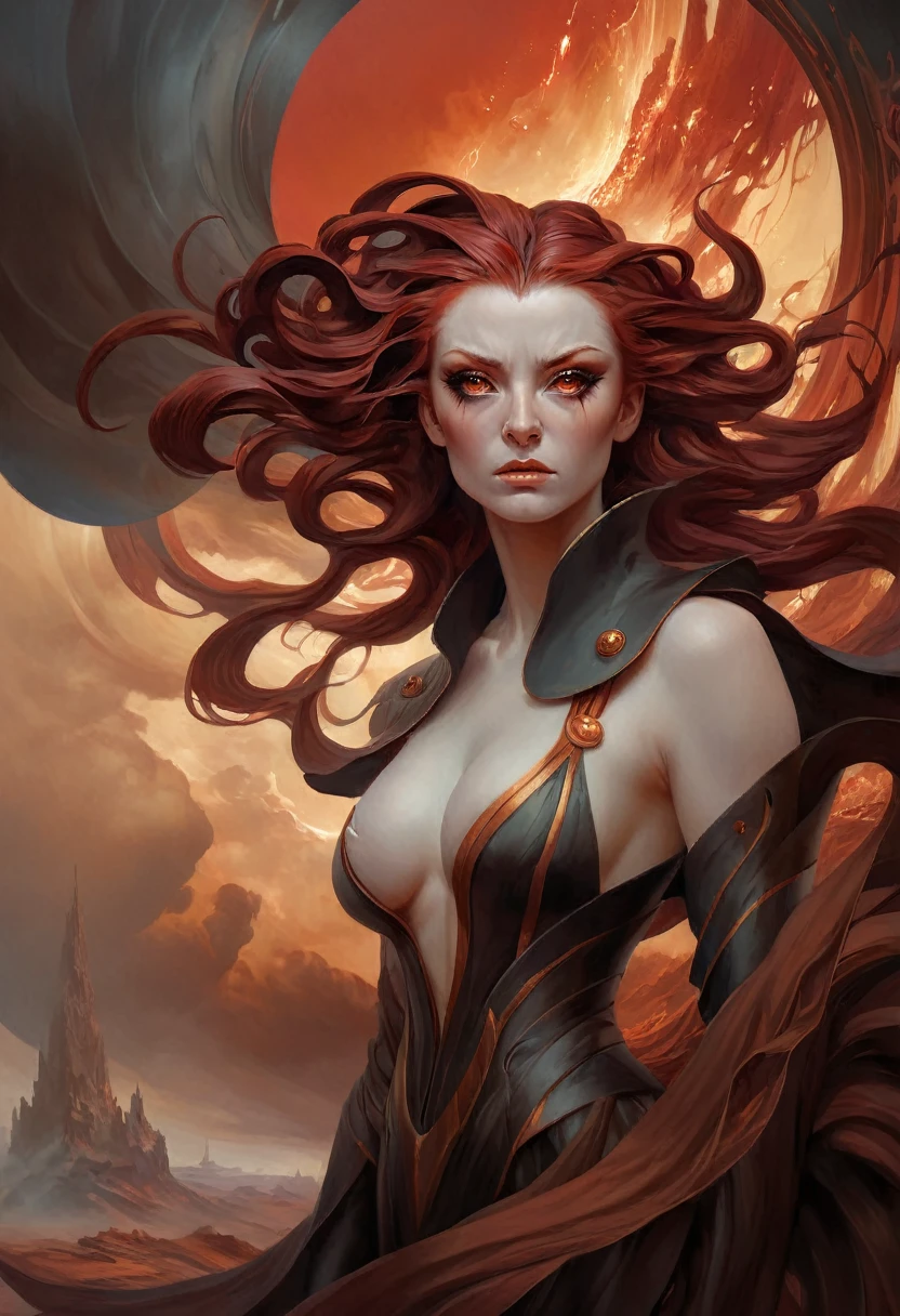 EdobHorrorLandscape, painting of a woman with flowing dark red hair, peter mohrbacher, kbak, gorgeous brown eyes, surreal, fantasy design, epic hellscape background, ample cleavage, rich brown eye color, masterpiece, semi-realistic, photo quality, high detail