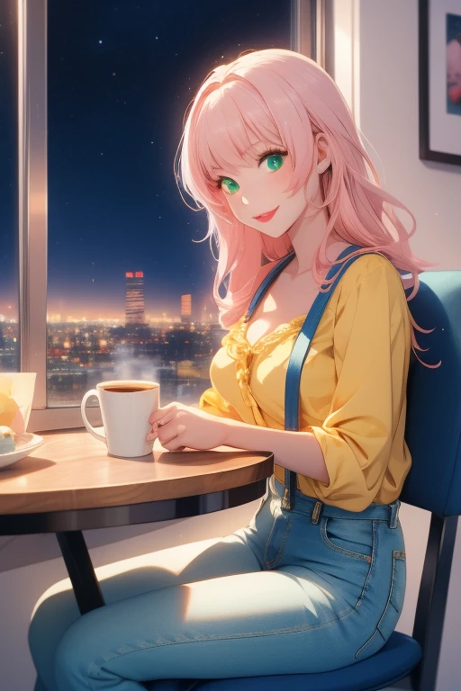 anime girl 26 years old yellow blouse suspenders blue denim pants landscape luxurious apartment looking out the window towards a night city with pale pink hair green eyes and a white cat on her lap blue nails white walls cup of coffee on the table cat looking at the girl smiling