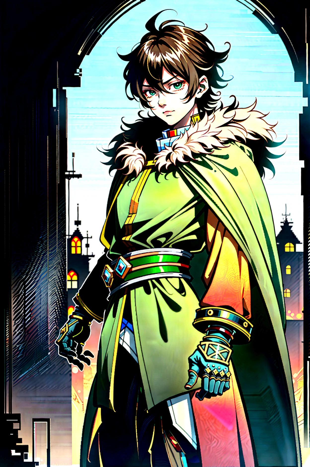 yuichiro hyakuya, (WithoutFear:1), 1 boy, black hair, green eyes, brown coat, gray armor, green shield, green cloak, dark brown gloves, town, fur trim, anime, standing, good quality, portrait, looking at viewer
