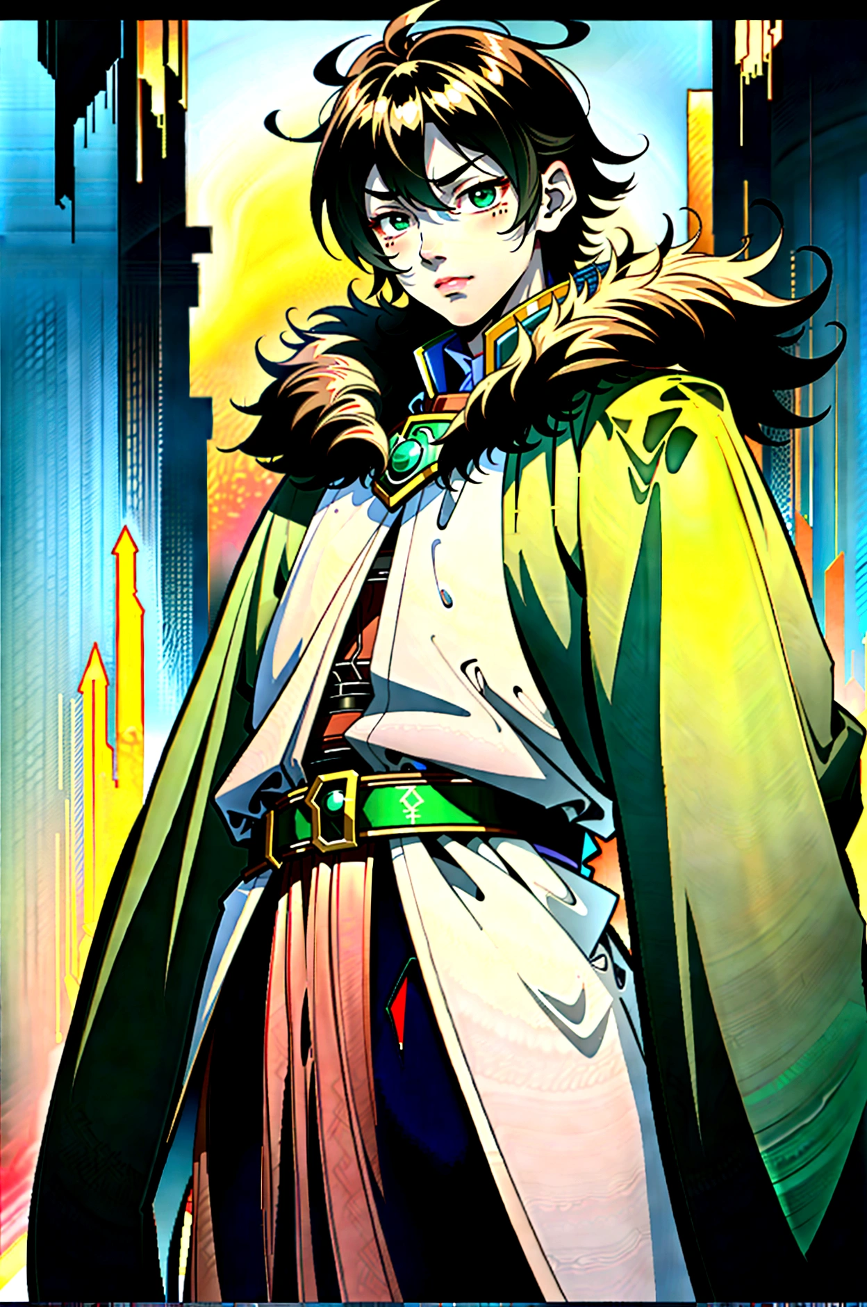 yuichiro hyakuya, (WithoutFear:1), 1 boy, black hair, green eyes, brown coat, gray armor, green shield, green cloak, dark brown gloves, town, fur trim, anime, standing, good quality, portrait, looking at viewer