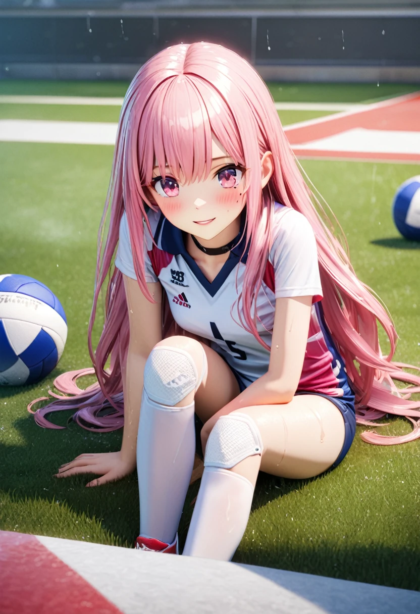 masterpiece, best quality, highly detailed, high resolution, expensive solution, high resolution, 4k, 8k, Unity 8k wallpaper, highly detailed CG, masterpiece, 2d, 3d, beautiful details, depth, fine texture, best quality: 1.3, total concentration, transparent skin, him, very cute anime girl, expensive pink long hair, one girl, volleyball uniform, knee pads on knees, volleyball shoes, on the grass in the schoolyard, it was raining heavily and she was soaking wet. The volleyball uniform was see-through, her hair was soaking wet, smiling long pink hair, full body, on the grass in the schoolyard, heavy rain, mole under eye, gaze, expensive, blush, lips parted, heart, pink eyes, choker