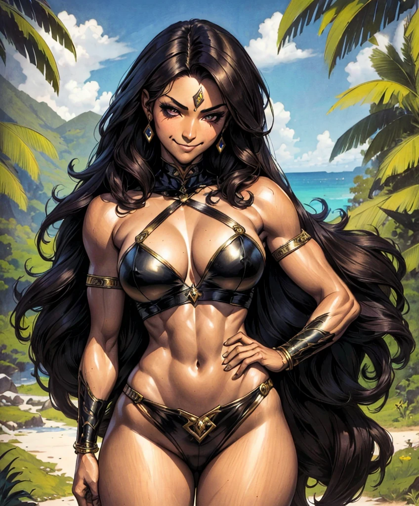 (((Luxurious shoulder-length dark hair, dark complexion, and sexy smirk.))) (((18 years old.))) (((18yo.))) (((Cute smirk.))) (((Single character image.))) (((1girl))) score_9, score_8_up, score_7_up, Design a female fantasy character. This character is extremely muscular, has interesting tattoos and looks like an exciting and fun character with great hair and a cute smirk. Very black dark hair. Very strong fantasy themes. Moderate erotic themes. Seductive smirk.(((Wearing traditional medieval fantasy attire.)) Tropical background.