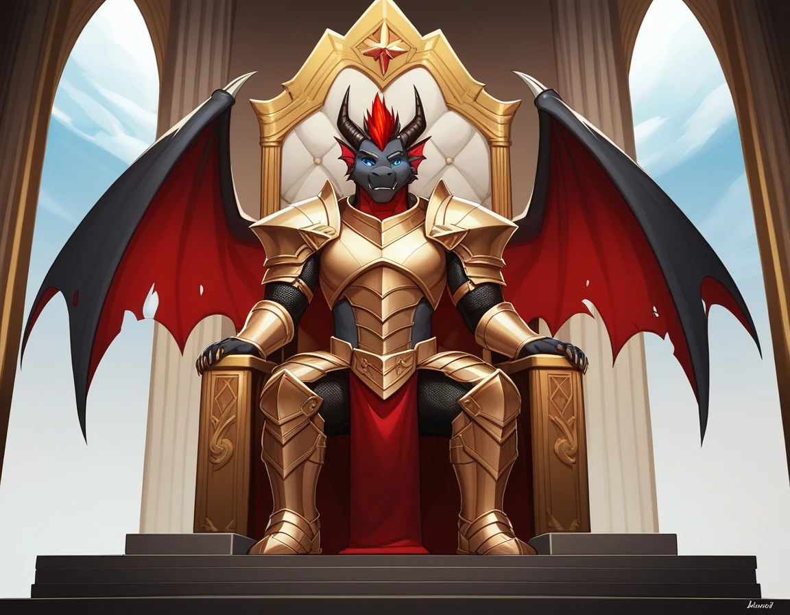 Solo, Score_9, score_8_up, score_7_up, source_cartoon, Anthro male, A black dragon, black dragon with red highlights on scales, black and red wings, blue eyes, short red hair, standing, wearing knights armor, kneeling in front of a king, in a castle courtroom, a king dragon sitting kn a throne in front of him,