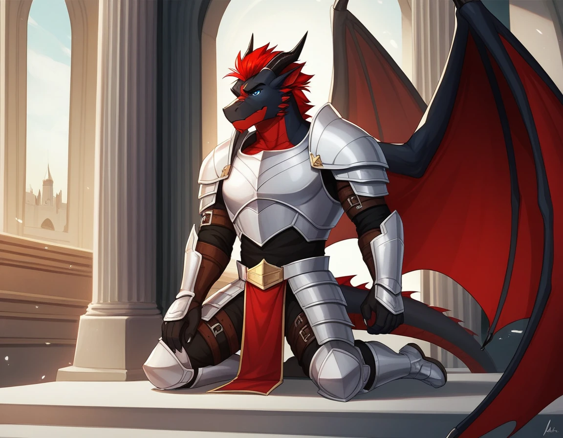 Solo, Score_9, score_8_up, score_7_up, source_cartoon, Anthro male, A black dragon, black dragon with red highlights on scales, black and red wings, blue eyes, short red hair, standing, wearing knights armor, kneeling in front of a king, in a castle courtroom, a king dragon sitting kn a throne in front of him,
