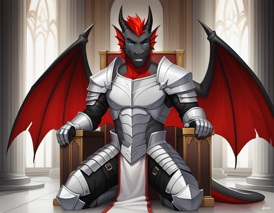 Solo, Score_9, score_8_up, score_7_up, source_cartoon, Anthro male, A black dragon, black dragon with red highlights on scales, black and red wings, blue eyes, short red hair, standing, wearing knights armor, kneeling in front of a king, in a castle courtroom, a king dragon sitting kn a throne in front of him, 