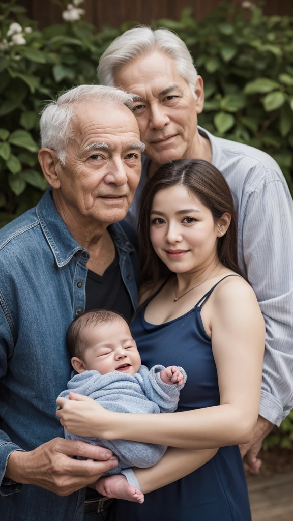 Grandfather and grandmother holding baby grandson realistic photo 