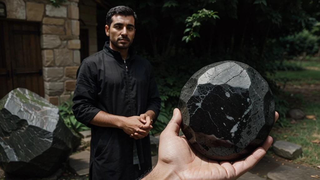 A shepherd stands holding a large black stone in his hand