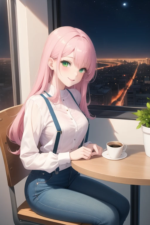 anime girl 26 years old yellow blouse suspenders blue denim pants landscape luxurious apartment looking out the window towards a night city with pale pink hair green eyes and a white cat on her lap blue nails white walls cup of coffee on the table cat looking at the girl smiling