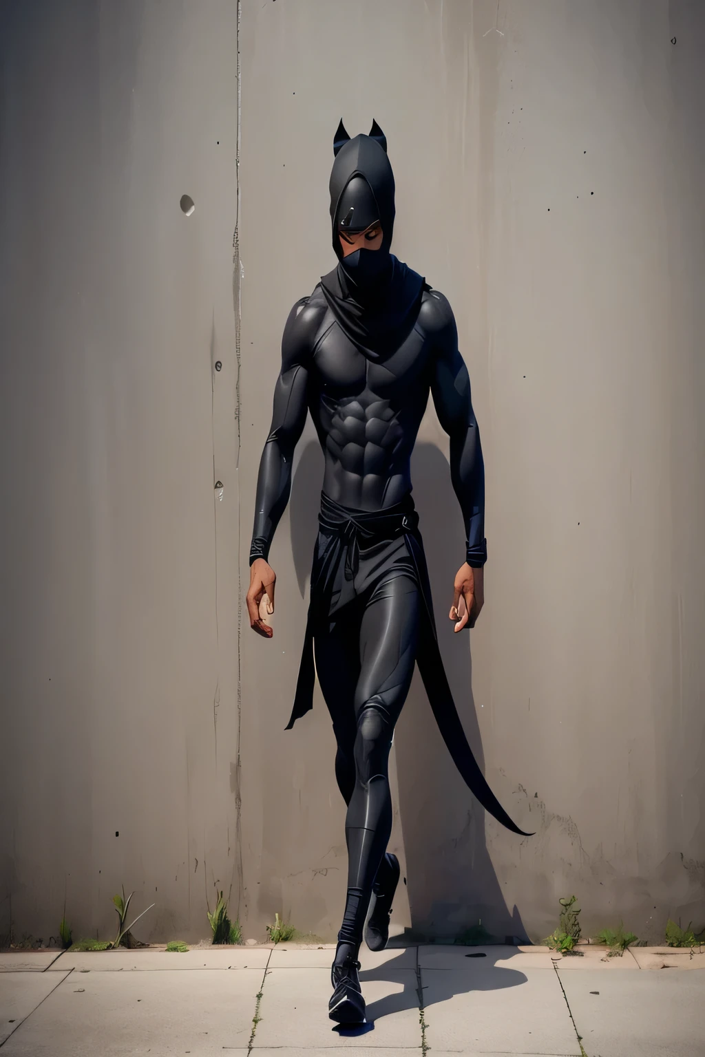 Create a full-body black-skinned Ninja walking on a wall
