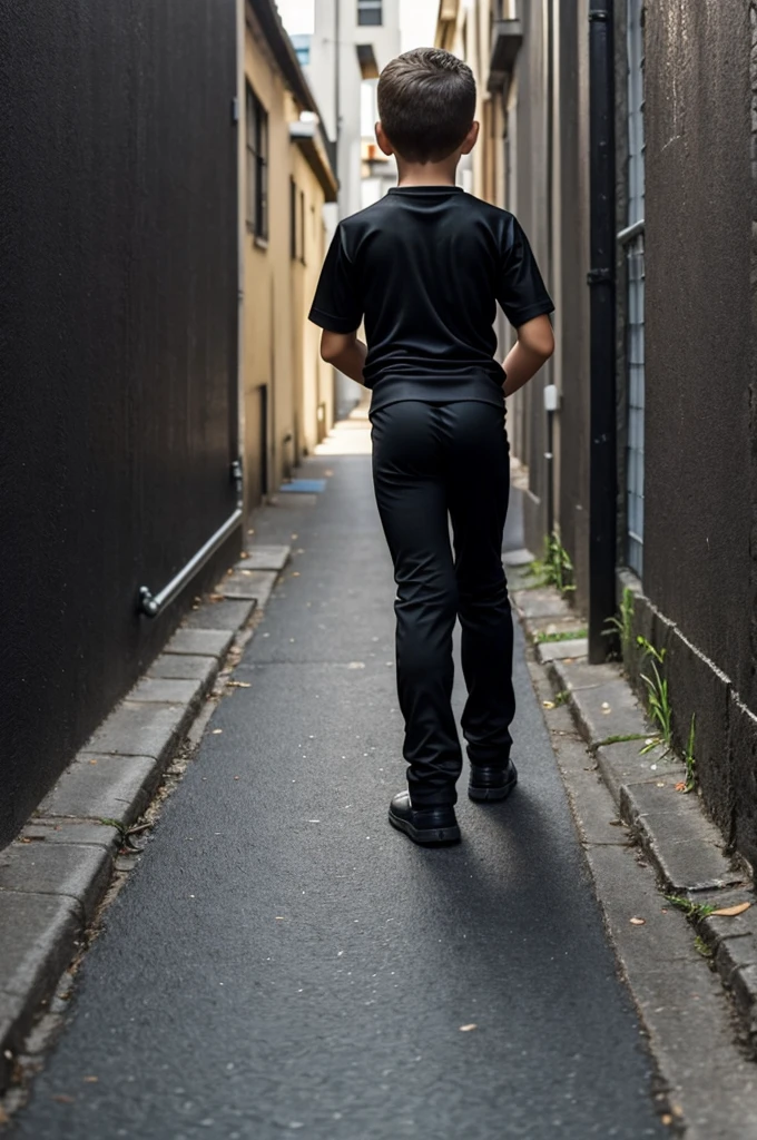 8 year oalking down an alley alone wearing a black shirt and super tight lycra pants showing his butt