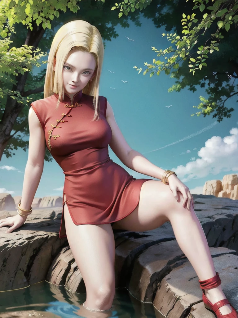 android 18,blonde hair,(((long hair))),blue eyes,((long slit red sexy cheongsam)), (Red),looking at the audience,face smile,close-up, portrait, river,rock, ,tree,blue sky,high quality,masterpiece,sexy body, sexy Red Dress, red,perfect big breasts, Hyperrealistic intricate detail, Cinematic, 8K resolution, 70mm, Accent Lighting, Global Illumination, clean detailed faces,