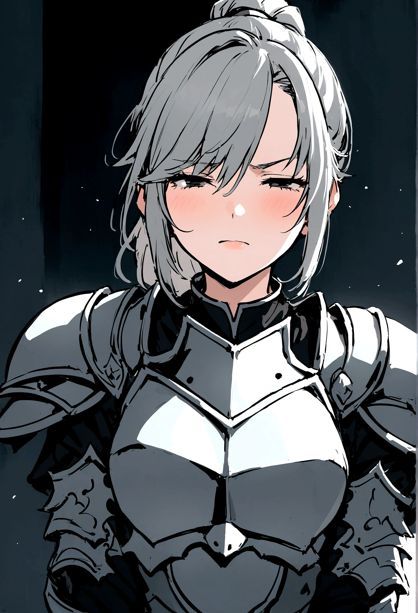 Beautiful girl knight in armor, Gray Hair, fantastic, Face your body forward like a certificate photo, shoot from front, Ponytail, Armor Girl, beautiful female knight, Female Paladin, Talking mouth, upper body shot, drawing both arms, closed eyes
