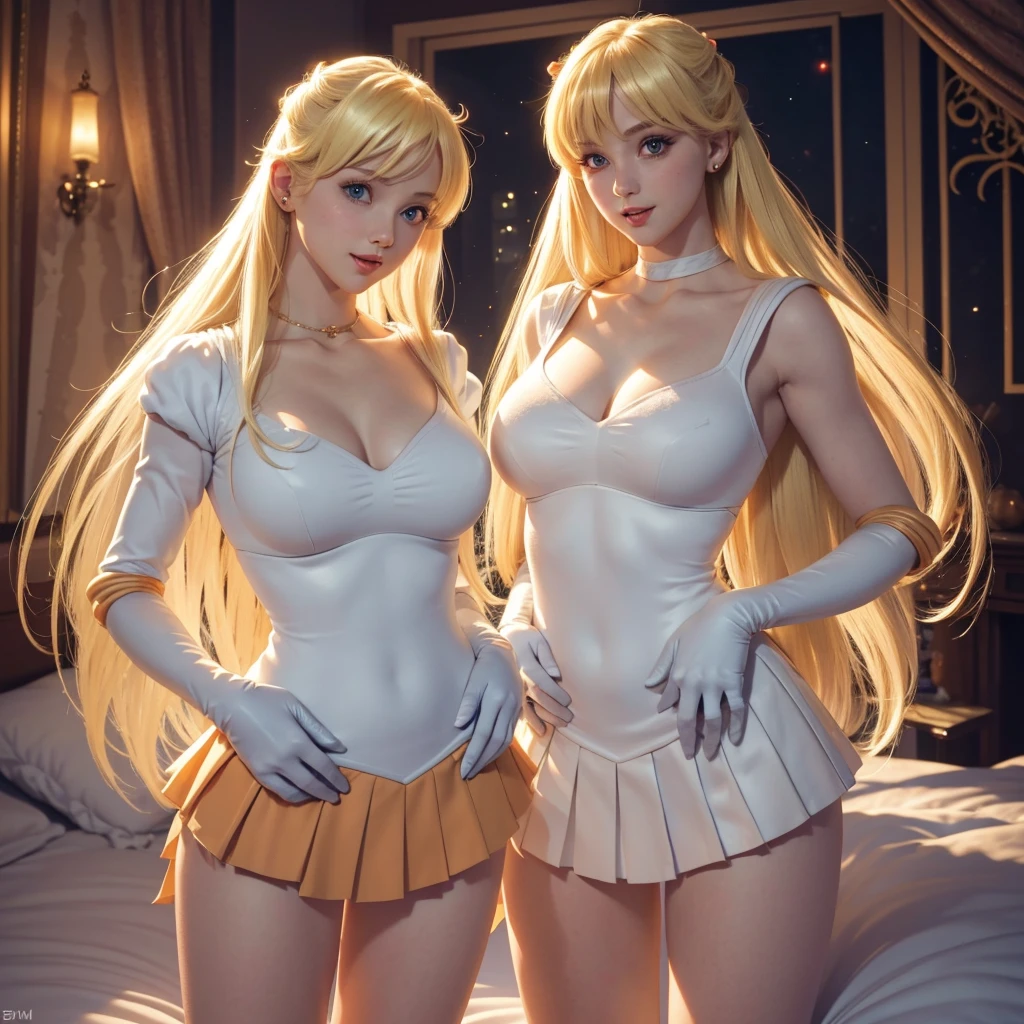 Beautiful 2 girl, full body shot, (blonde hair, straight blonde hair: 1.28), clear skin, (princess peach's face and hair), pale skin, medium breasts, cleavage, (thin hips, thin waist , athletic body: 1.25), (stockings), detailed skin, smile open mouth), black and silver and orange color scheme, highly detailed)), 8k textures, soft light, elegant, highly detailed, sharp focus, soothing tones, hyperdetailed, low contrast, hdr, faded, bed, sailor venus outfit, long gloves, jewelry, make-up, glowing red eyes, smile, open mouth, pleated skirt, Bosque, bed