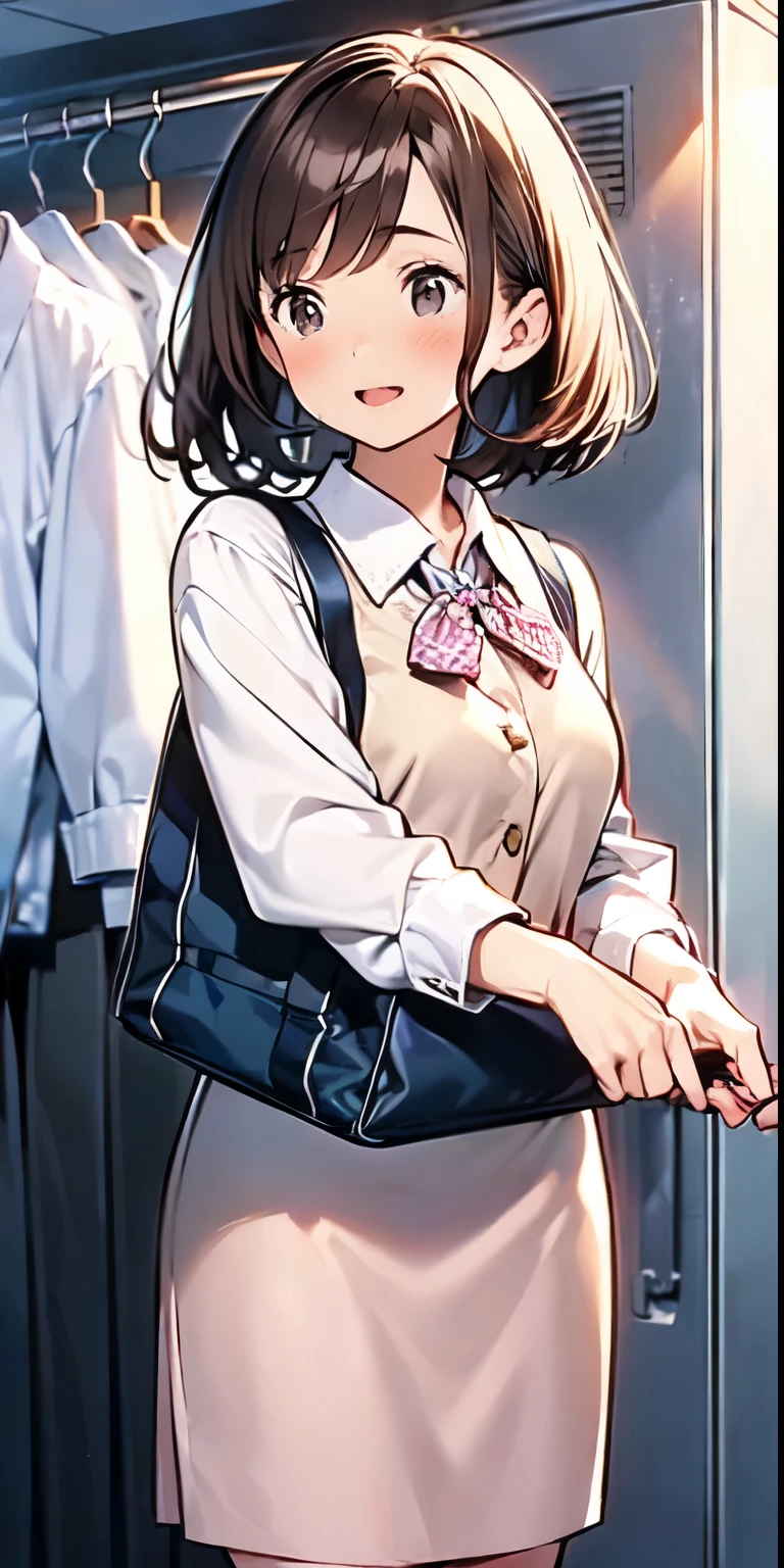 (((a girl changing of clothes))), (((in lockerroom ))),delicate and cute girls with brown hair,((wearing business service uniform )),(office lady Japanese style),、30 years、Super8K Ultra High Definition、Delicate texture、 Medium Hair、flat chest、((()))、((()))、Plain clothes,nsfw,big breast,lockerroom,,peeping scene,(((girl changing of clothes))),embarrassed face,(((drooping eyes))),plaid wear,showing white camisole