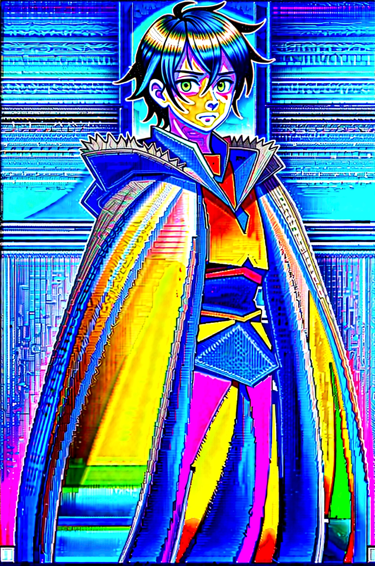 yuichiro hyakuya, (WithoutFear:1), 1 boy, black hair, green eyes, brown coat, gray armor, green shield, green cloak, dark brown gloves, town, fur trim, anime, standing, good quality, portrait, looking at viewer