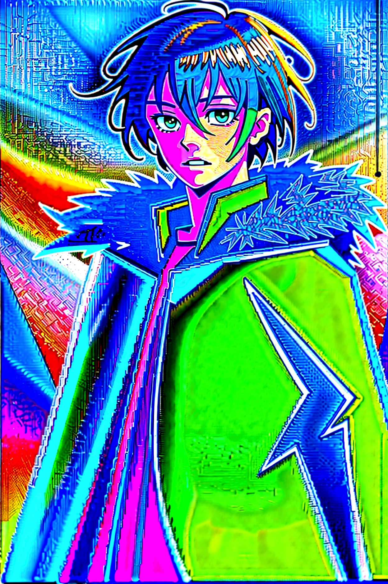 yuichiro hyakuya, (WithoutFear:1), 1 boy, black hair, green eyes, brown coat, gray armor, green shield, green cloak, dark brown gloves, town, fur trim, anime, standing, good quality, portrait, looking at viewer
