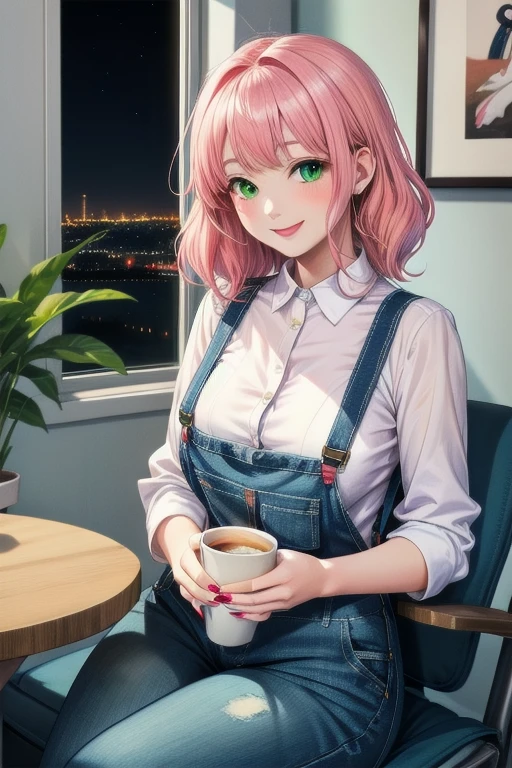 anime girl 26 years old yellow blouse suspenders blue denim pants landscape luxurious apartment looking out the window towards a night city with pale pink hair green eyes and a white cat on her lap blue nails white walls cup of coffee on the table cat looking at the girl smiling