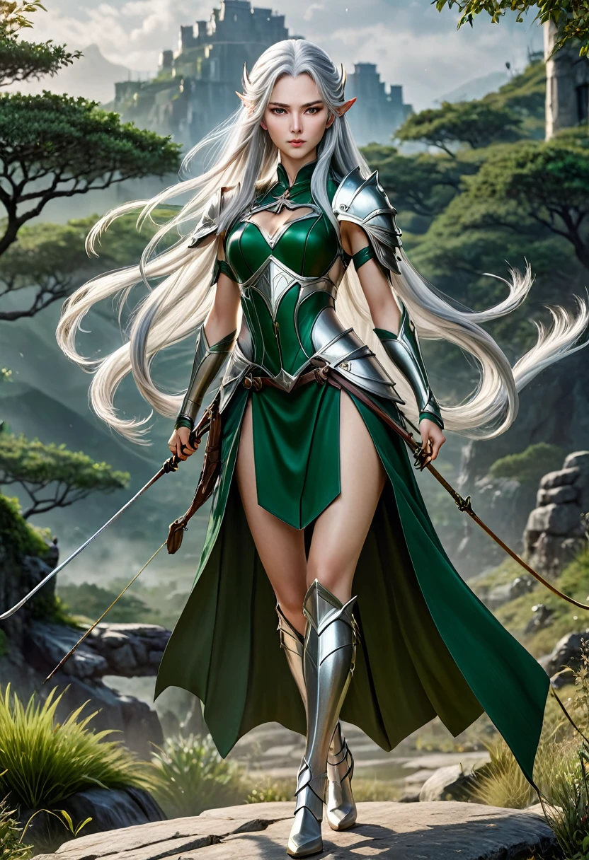 (master piece), 8k, best quality, panoramic view, full body view, with slightly flushed white skin, subtly contrasting with her long, silver hair. Her body was slender and athletic, with a height of 168cm that gave her a natural elegance. Her green eyes, conservatively detailed warrior outfit, holding the war bow,