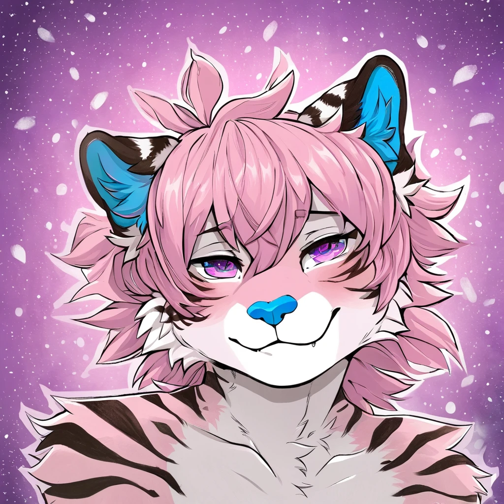 Single, solo, adult, feline, mammal, anthro, anthropomorphic, snow_leopard, cat, striped_feline, fur, furred_anthro, fluffy_tail, femboy, male, bangs, ear_tufts, blue_nose, hair_tuft, hair_between_eyes, fluffy, feline_ears, expressive_eyes, purple_hair, gradient_galaxy, pinkish_purple_galaxy_background, light, looking_at_viewer, pink_hair, pink_fur, shy, small_pupils, spotted_pattern, stripes, tail, tiger_stripes, traditional_art, hand-drawn, pencil_lines, ink_details, natural_imperfections, brush_strokes, textured_shading, detailed_line_work, high_resolution, background, head_visible, neck_visible, profile_picture, seductive_face