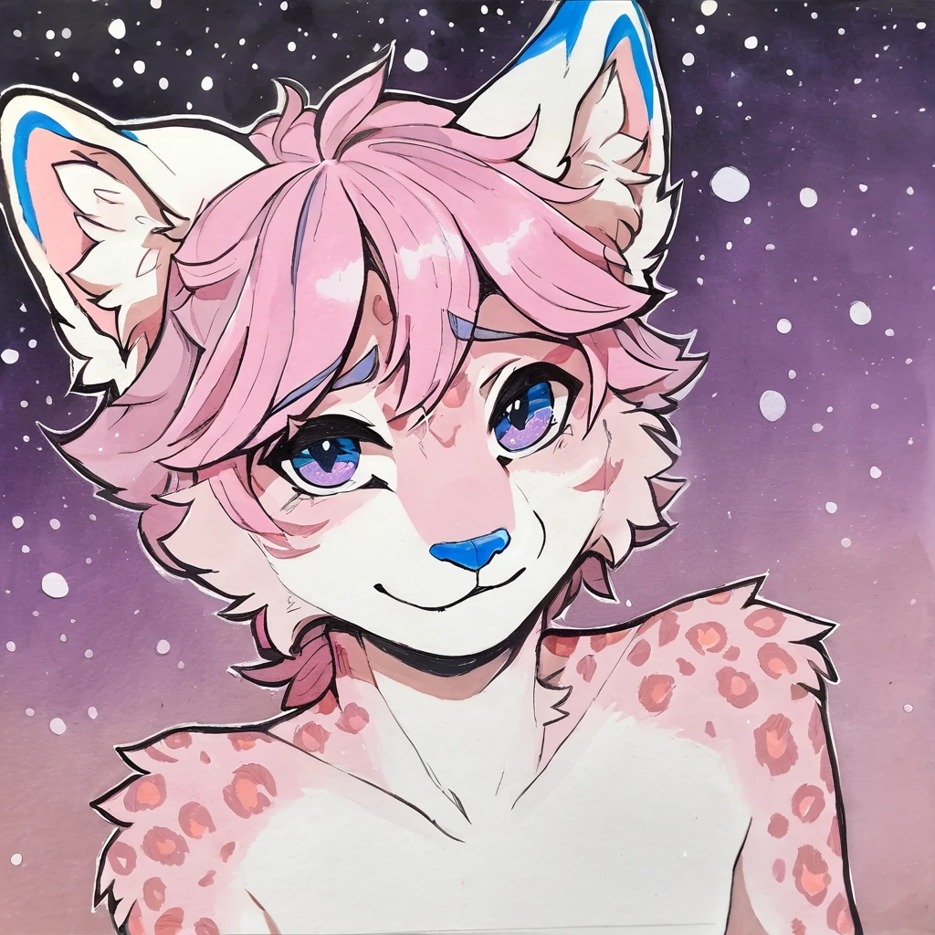 Single, solo, adult, feline, mammal, anthro, anthropomorphic, snow_leopard, cat, striped_feline, fur, furred_anthro, fluffy_tail, femboy, male, bangs, ear_tufts, blue_nose, hair_tuft, hair_between_eyes, fluffy, feline_ears, expressive_eyes, purple_hair, gradient_galaxy, pinkish_purple_galaxy_background, light, looking_at_viewer, pink_hair, pink_fur, shy, small_pupils, spotted_pattern, stripes, tail, tiger_stripes, traditional_art, hand-drawn, pencil_lines, ink_details, natural_imperfections, brush_strokes, textured_shading, detailed_line_work, high_resolution, background, head_visible, neck_visible, profile_picture, seductive_face