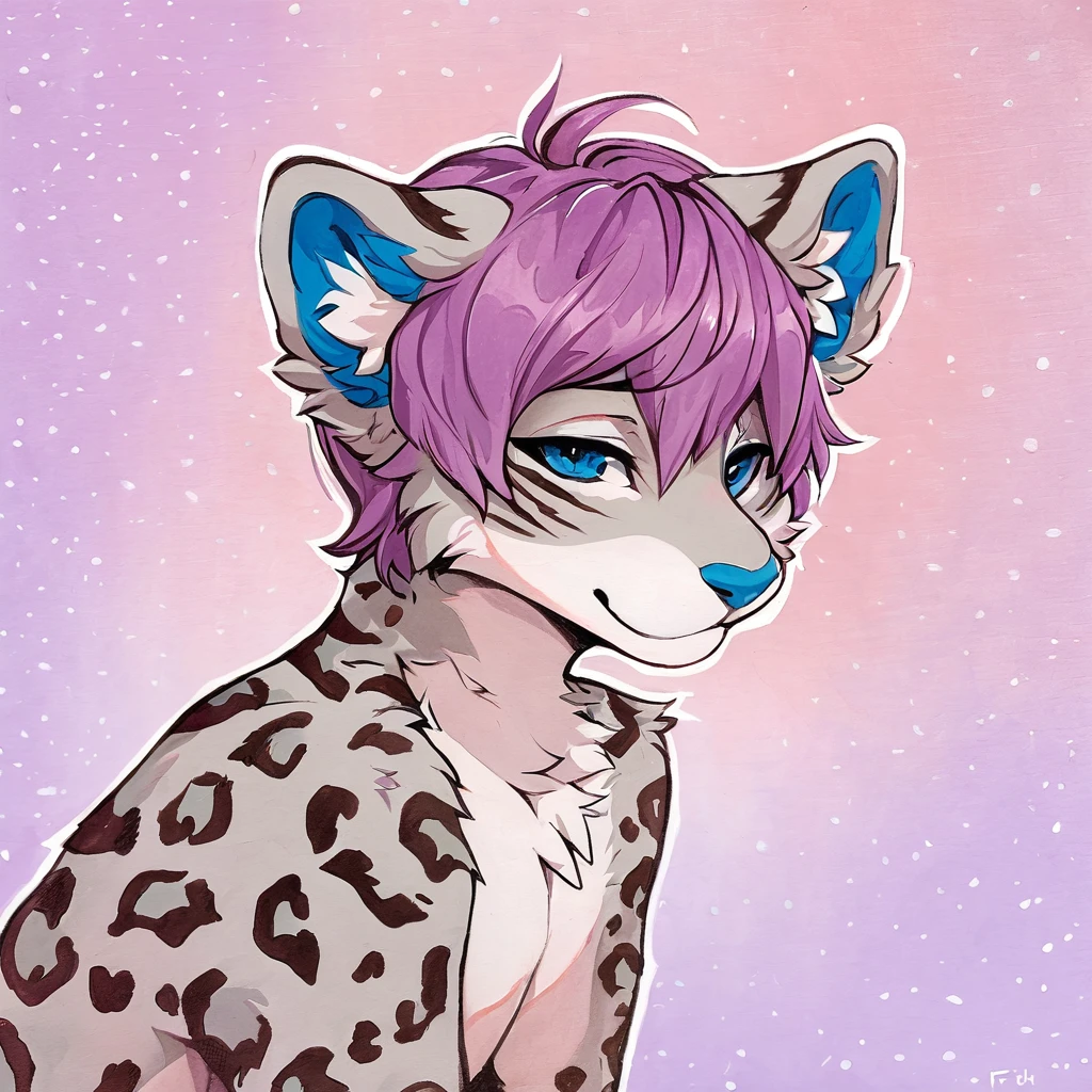 Single, solo, adult, feline, mammal, anthro, anthropomorphic, snow_leopard, cat, striped_feline, fur, furred_anthro, fluffy_tail, femboy, male, bangs, ear_tufts, blue_nose, hair_tuft, hair_between_eyes, fluffy, feline_ears, expressive_eyes, purple_hair, gradient_galaxy, pinkish_purple_galaxy_background, light, looking_at_viewer, pink_hair, pink_fur, shy, small_pupils, spotted_pattern, stripes, tail, tiger_stripes, traditional_art, hand-drawn, pencil_lines, ink_details, natural_imperfections, brush_strokes, textured_shading, detailed_line_work, high_resolution, background, head_visible, neck_visible, profile_picture, seductive_face