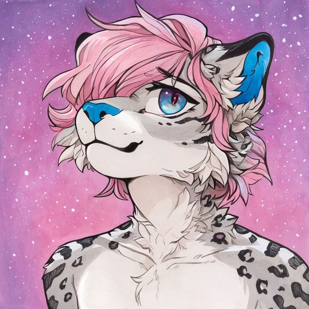 Single, solo, adult, feline, mammal, anthro, anthropomorphic, snow_leopard, cat, striped_feline, fur, furred_anthro, fluffy_tail, femboy, male, bangs, ear_tufts, blue_nose, hair_tuft, hair_between_eyes, fluffy, feline_ears, expressive_eyes, purple_hair, gradient_galaxy, pinkish_purple_galaxy_background, light, looking_at_viewer, pink_hair, pink_fur, shy, small_pupils, spotted_pattern, stripes, tail, tiger_stripes, traditional_art, hand-drawn, pencil_lines, ink_details, natural_imperfections, brush_strokes, textured_shading, detailed_line_work, high_resolution, background, head_visible, neck_visible, profile_picture, seductive_face