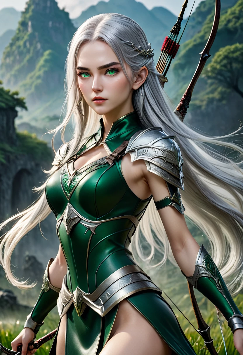 (master piece), 8k, best quality, panoramic view, full body view, with slightly flushed white skin, subtly contrasting with her long, silver hair. Her body was slender and athletic, with a height of 168cm that gave her a natural elegance. Her green eyes, conservatively detailed warrior outfit, holding the war bow,