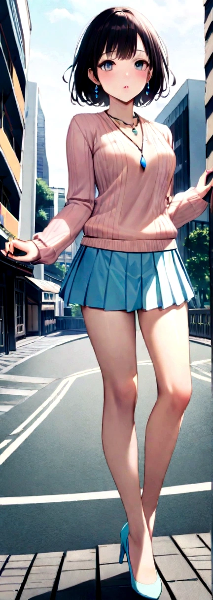 Very detailed CG Unity 8k 壁紙, Highest quality, Very detailed, masterpiece, Realistic, photo Realistic, Photograph the whole body from a distance、Very detailedかわいい女の子, 20-year-old, (((Do-it-yourself skirt lift))), (Lift it yourself), Small white string panties , Panty Focus, blush, Part your lips, Looking at the audience , Pastel color shoulder sweater、Pastel color pleated skirt、Japan、city、Wavy Short Hair ,Thin legs、High heels、necklace、Earrings