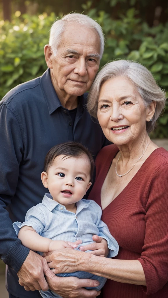 Grandfather and grandmother holding baby grandson realistic photo