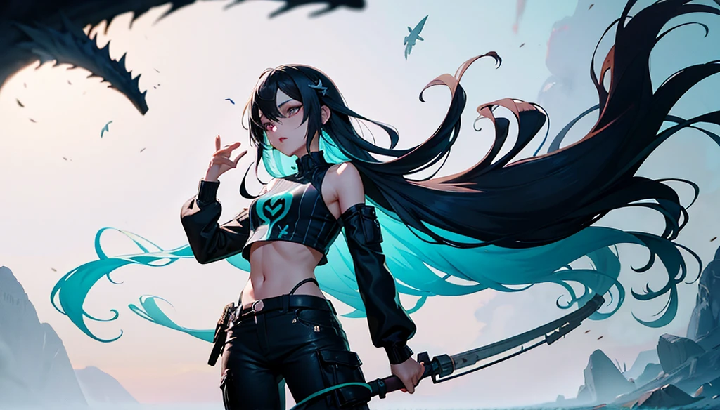 (sexy:1.2),(magic forest:1.2),(fofosexyrobutts:1.2),(rossdraws 2.5:1.1),(kda:1.1),(whoa:1.1),(sakimichan:1.1),(water colour:1.2) high resolution, work of art, Ruka Sarashina, shorth hair, Bblack hair, (standing alone), 1 girl, cute, hinterland, detailedeyes, (eyes black)SamdoesArts style award-winning half-length portrait of a beautiful woman in a croptop and cargo pants with teal ombre navy blue hairstyle with moving head and flying hair, ink spatter, sneezing, To escape, vaporware, flat shaded illustration, digitl art, trends on artstation, highy detailed, finely detail, intricate
