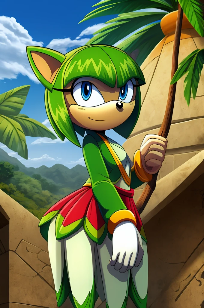 sonic (series), 1girl, anthro plant girl, female mobian, mobian, blunt bangs, short green hair, blue eyes, (white fur:1.3), aztec clothes, aztec skirt, jungle biome, aztec piramid, outline, Intricate Details, Masterpiece, Best Quality, High Quality, Studio Quality, Best Detail, Perfect Detail, Refine Detail, Cosmo