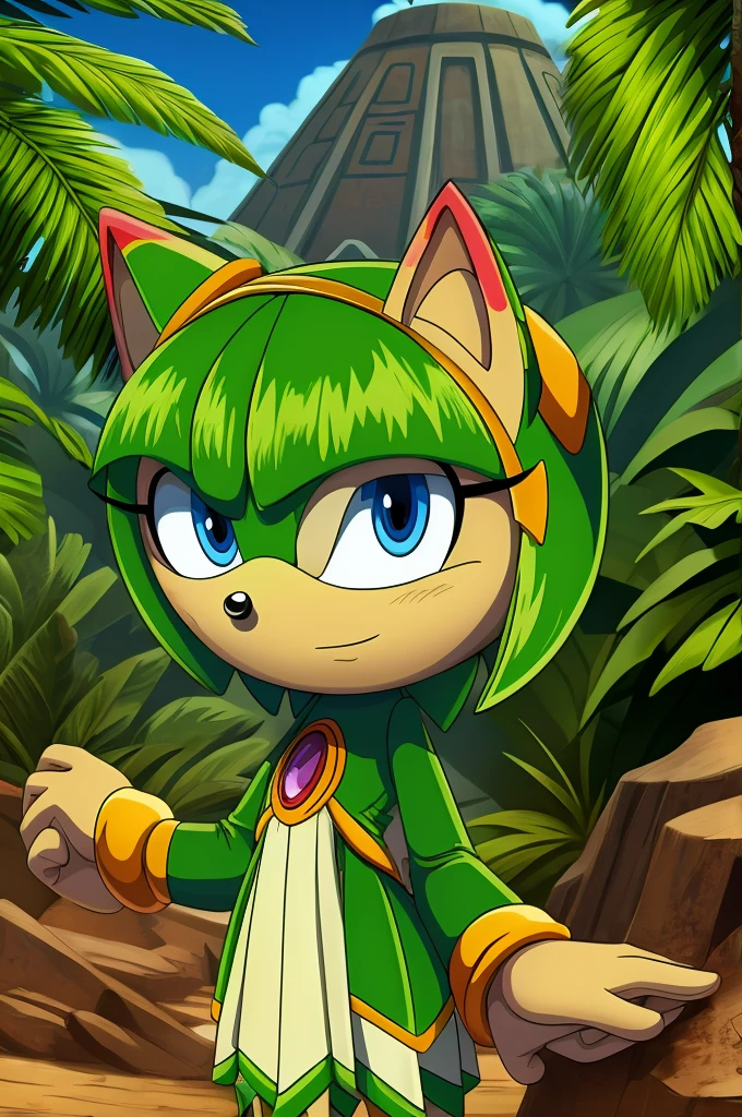 sonic (series), 1girl, anthro plant girl, female mobian, mobian, blunt bangs, short green hair, blue eyes, (white fur:1.3), aztec clothes, aztec skirt, jungle biome, aztec piramid, outline, Intricate Details, Masterpiece, Best Quality, High Quality, Studio Quality, Best Detail, Perfect Detail, Refine Detail, Cosmo