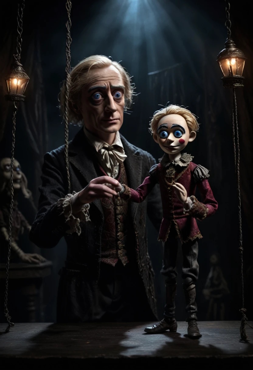 Caine from Digital Circus holds a marionette in a dark fantasy and magic style. The dark background enhances the mysterious and eerie atmosphere of the scene. The lighting casts dramatic shadows, adding to the haunting quality of the image. The composition is dynamic, with Caine's intense gaze drawing the viewer in. The dark fantasy genre is clearly portrayed through the intricate details and mystical elements present in the image.