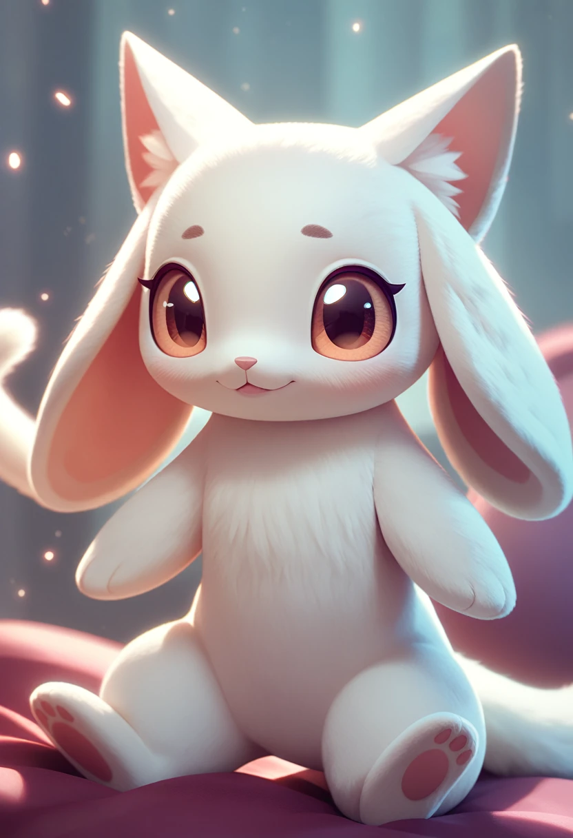 There is an anthropomorphic male cat. Semi-long fluffy white fur, soft and silky all over your skin and body, head and face, its soft and rounded fluffy snout, his entire plush body, slender figure, defined hip, and its pink pads as well as its nose and lips, her lips are soft and rounded, Ears wide at the base, medium size. high cheekbones and full cheeks. Has a long tail, his big eyes, light blue, and 1.60 cm tall