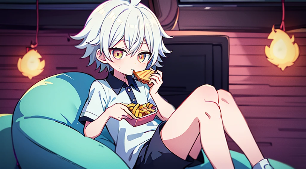 anime boy eating a box of fries while sitting on a couch, with index finger, kaworu nagisa, anime food, relaxed dwarf with white hair, 🍁 cute, cute anime, official art, with fries, ❤🔥🍄🌪, eating chips and watching tv, nagito komaeda, pin on anime, anime boy, 8k!