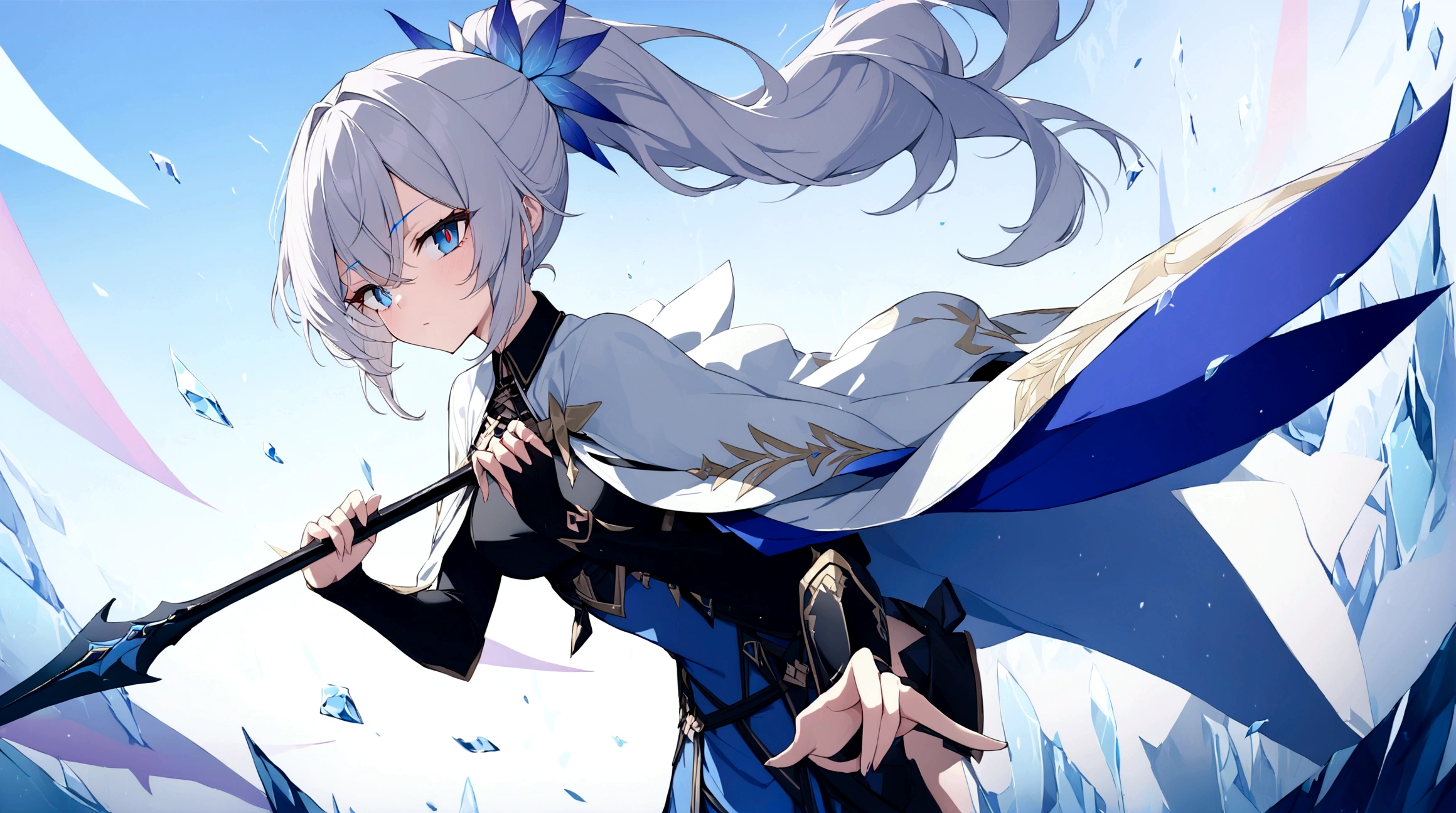 (1girl, Masterpiece, best quality) (detailed and beautiful eyes:1.6) (perfect hands, perfect anatomy) (full body)) Fierce warrior girl with long white hair in a high ponytail and striking red eyes. She wears sleek, modern armor in blue and black with gold and silver details, and a white, high-collared cape with blue and gold accents. She holds a long spear in her right hand and points forward with her left hand. The background should be an icy landscape with crystalline formations and a cold, blue sky, reflecting light off the ice for a mystical atmosphere. Capture her determined and focused expression, conveying a sense of readiness and strength.