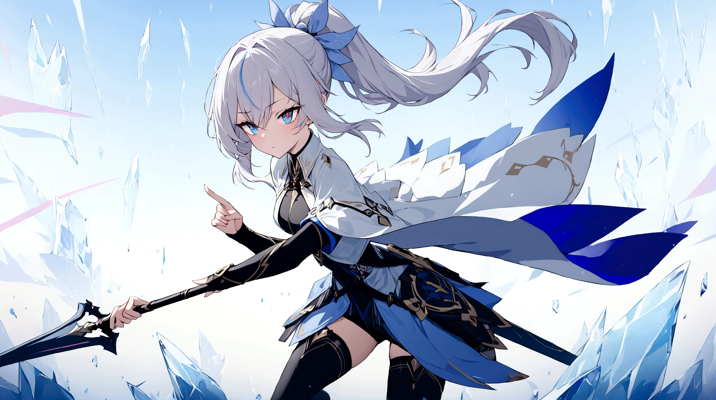 (1girl, Masterpiece, best quality) (detailed and beautiful eyes:1.6) (perfect hands, perfect anatomy) (full body)) Fierce warrior girl with long white hair in a high ponytail and striking red eyes. She wears sleek, modern armor in blue and black with gold and silver details, and a white, high-collared cape with blue and gold accents. She holds a long spear in her right hand and points forward with her left hand. The background should be an icy landscape with crystalline formations and a cold, blue sky, reflecting light off the ice for a mystical atmosphere. Capture her determined and focused expression, conveying a sense of readiness and strength.