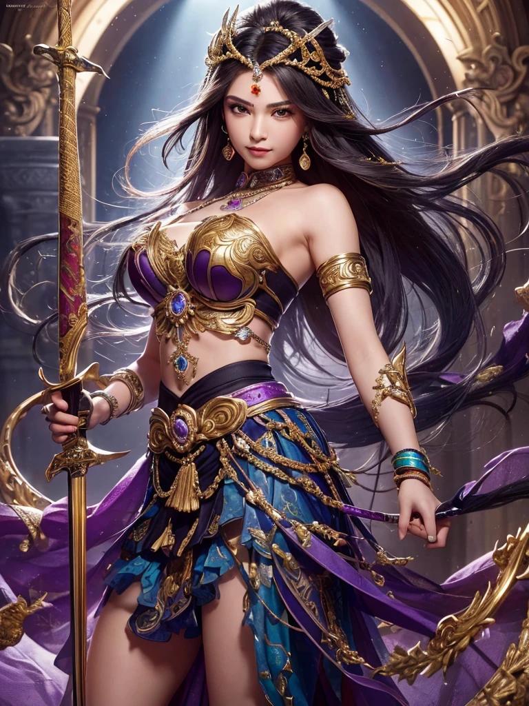 ((Highest quality)),(Ultra-high resolution),(Ultra-detailed new),(Detailed Description),((The best CG)),(masterpiece),Highly detailed art,A wonderful new art form,(Art with precise details:1.5), (War Goddess:1.3),(Frenzy Dance:1.3),sword,gun,Hoko,Bow and Arrow,snake,eagle,lion, Crushing, blasting, Flow, impact, sapphire,Ruby,Emerald,opal,amethyst