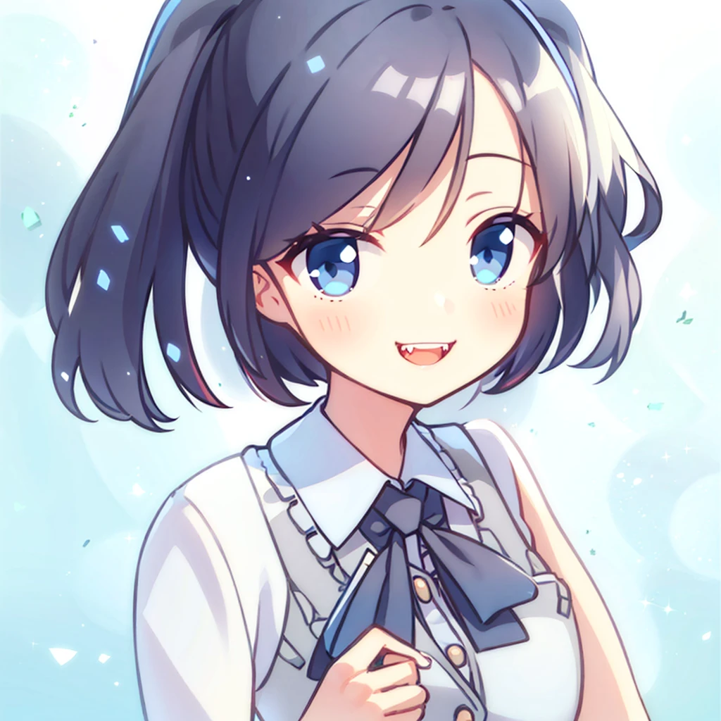(ultra-detailed illustration of cute girl, solo), black twintails, beautiful blue eyes, smile, skin fangs, white shirt with purple ribbon, gray vest, uniform, simple background, gradation background, light particles, (masterpiece, best quality, beautiful illustration, very aesthetic art)
