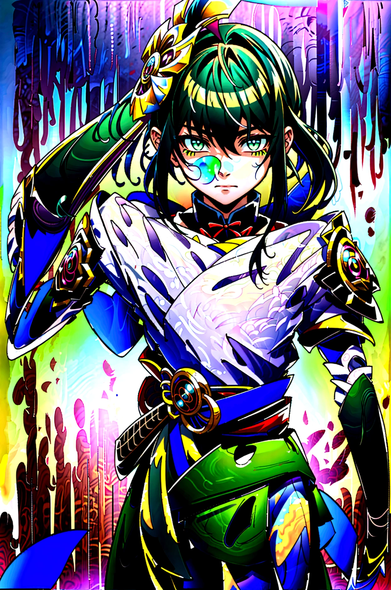 yuichiro hyakuya, (WithoutFear:1), 1 boy, black hair, green eyes, brown coat, gray armor, green shield, green cloak, dark brown gloves, town, fur trim, anime, standing, good quality, portrait, looking at viewer
