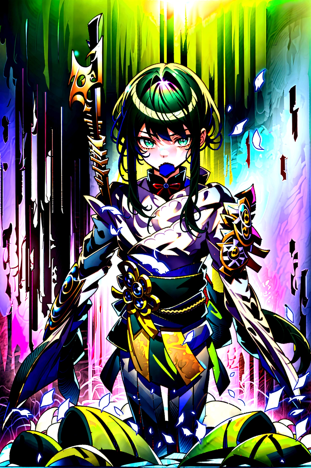 yuichiro hyakuya, (WithoutFear:1), 1 boy, black hair, green eyes, brown coat, gray armor, green shield, green cloak, dark brown gloves, town, fur trim, anime, standing, good quality, portrait, looking at viewer