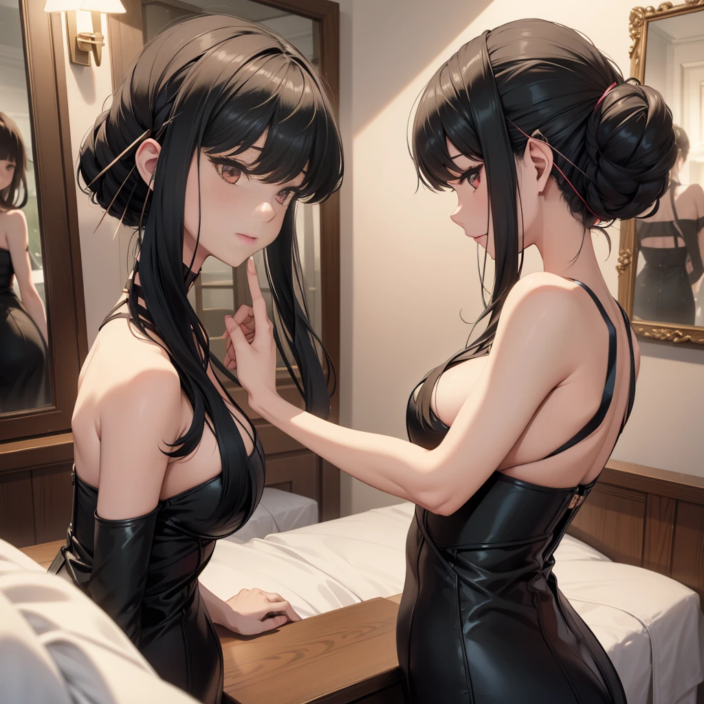 cheveux noirs, meilleure qualité, Ultra-détaillé, illustration, kawaii, Lumière détaillée, heureux, sourire, Rougir, met en valeur les cheveux, beau corps détaillé, yeux pétillants détaillés, 1fille, Regarder en arrière, montrant la peau, fesses, cuisses nues, Des membres parfaits, Sous-vêtement, sur le lit, full view of fesses, showing fesses, dans la chaleur,, jambes ouvertes, montrer le vagin, Pose de Levrette pour se photographier de dos dans le miroir avec son smartphone, montrer le vaginl rupture, cum bouche, longs cheveux blonds