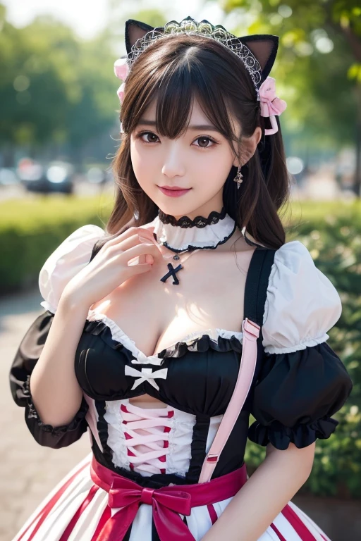 girl, White skin, ((Dark brown short tiered hair)), V cut with layers and bangs, Brown eyes, Soft atmosphere characteristics (Highest quality, Ultra-high resolution, 8K, RAW Photos, Ultra-high resolution: 1.2, masterpiece: 1.3), (Realistic, Realistic: 1.37), Very detailed, Professional Lighting, Photon Mapping, Radio City, 物理ベースレンダring, One Girl, （high school girl）, Sharp focus:1.2、Beautiful woman:1.4,cute, Nice, Adorable, smile, Normal chest, Cross Necklace、（Cleavage）((Gothic Lolita Fashion、Pink, black, red and white gothic lolita outfit:1.2))、Earrings,ring、Beautiful Skin、Cafe、Selfie、((Belly button))、Holding a cat