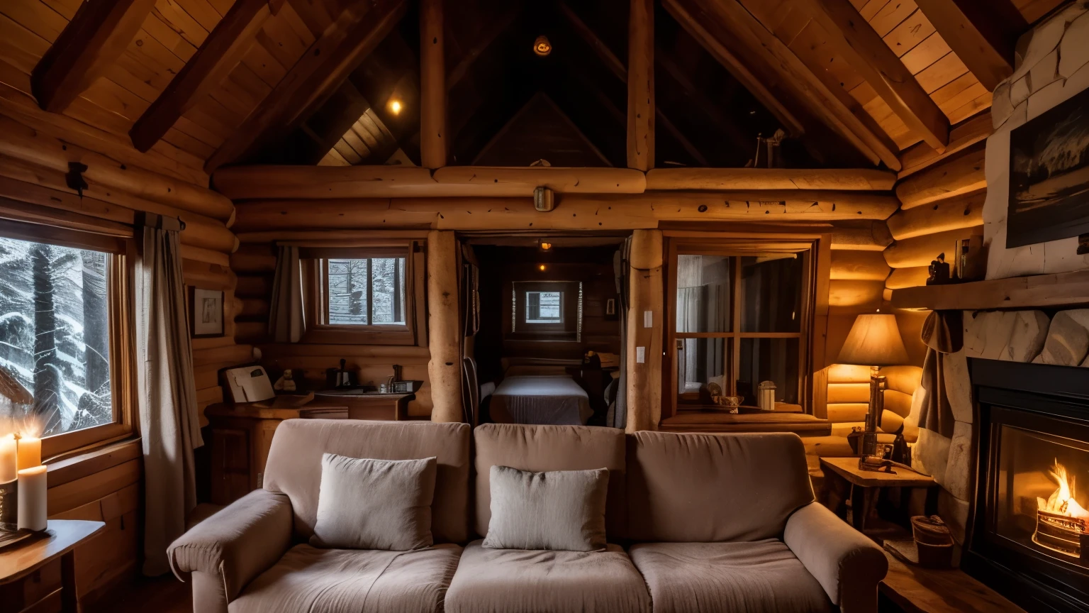 cozy cabin from inside with beautiful view and woman without cloths lays on couch, real photo