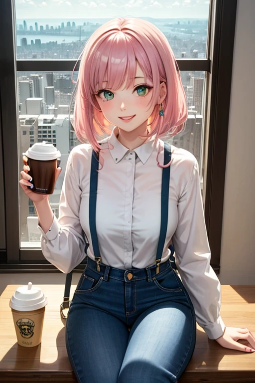 anime girl 26 years old yellow blouse suspenders blue denim pants landscape luxurious apartment looking out the window towards a night city with pale pink hair green eyes and a white cat on her lap blue nails white walls cup of coffee on the table cat looking at the girl smiling