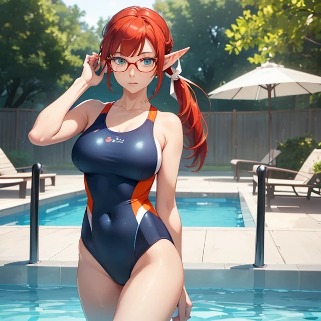 (best high quality image, very detailed clean image, carefully detailed image, carefully detailed character, solo alone character, no deformities in background and character, full character view and design)
{{(1woman 50 years old milf elf citizen), (crimson red hair tied in a ponytail with a pale white beautiful ribbon, fair skin, light blue green eyes, thin lips, medium big breasts, big butt, beautiful legs, short pointed ears with tiny orange gems, calm expression, walking outside)), ((dark blue square glasses), (white one-piece swimsuit)), (pool outside)}}