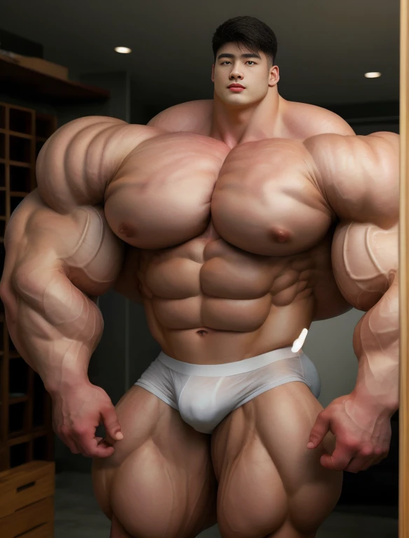 1 asian boy, giant, alone, giant bodybuilder, illuminating light, strong body, bulk, large size, staring, standing, hand on jawline, in white photo studio, indoor, nude, white triangular underwear, thick bulge, extraordinary big, brutalmass, giant muscular body, bulk, buff, massive body, large meaty body size, extremely wide body