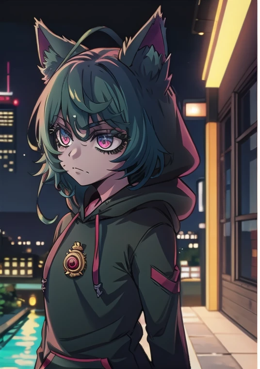 original-art, inked, lineart, masterpiece, best quality, 1girl, vex grey skin, hoodie, goth, cat ears, bored face, dark green hair with black, city at night background,