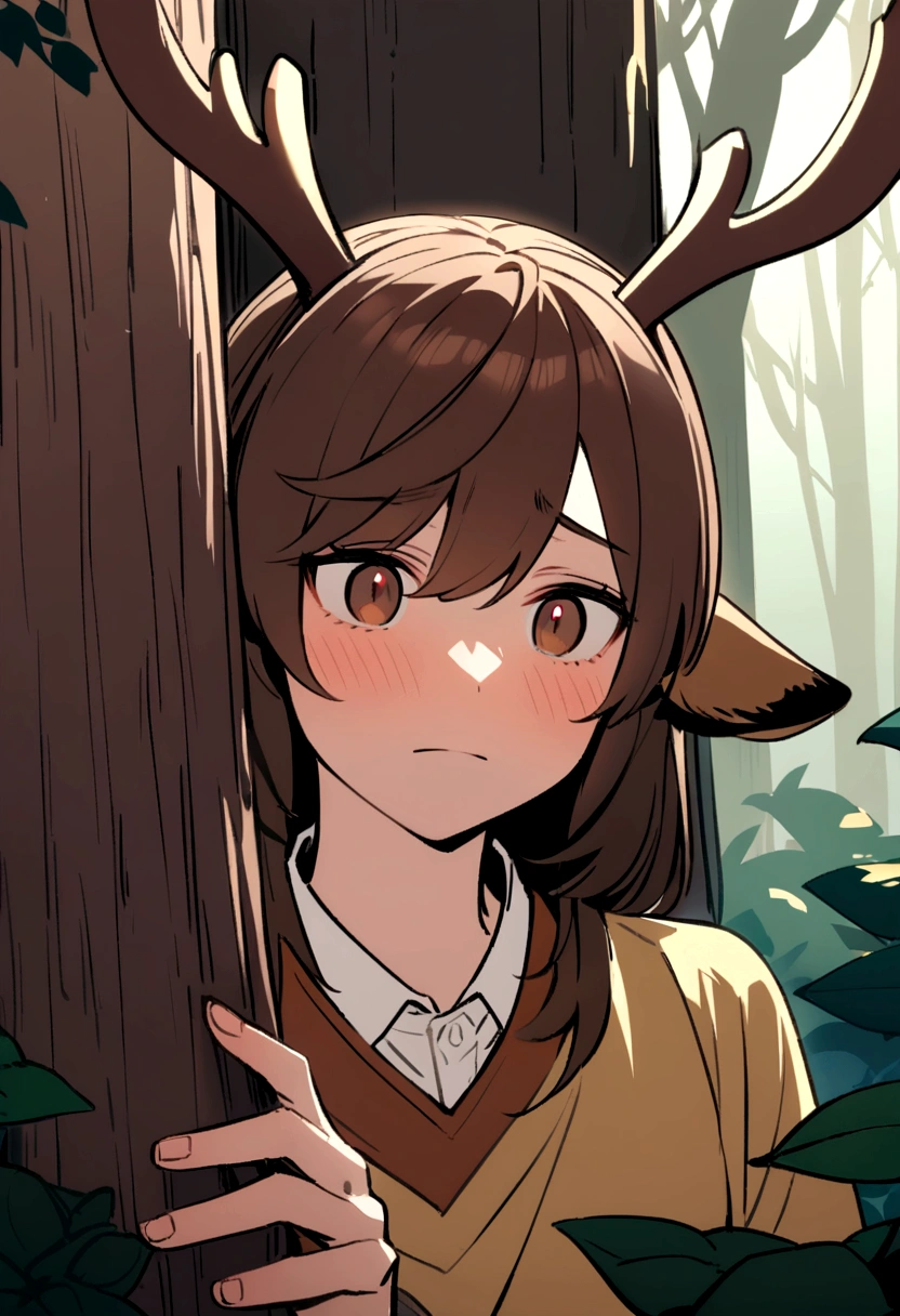 Dark-skinned man, brown eyes, long brown hair with deer ears and antlers hiding behind a tree in a forest, watching someone with a shy expression on his face 